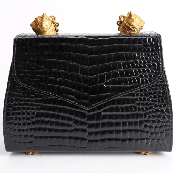 Larucchi Vintage Black Leather Reptile Tiger Box Cross Body Evening Bag - Picture 1 of 12